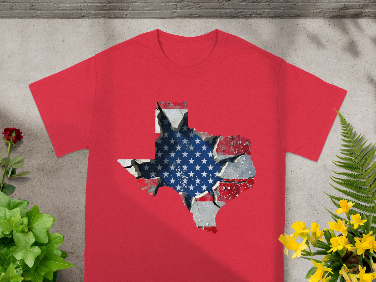 Red t-shirt with a cracked Texas outline filled with the American flag.
