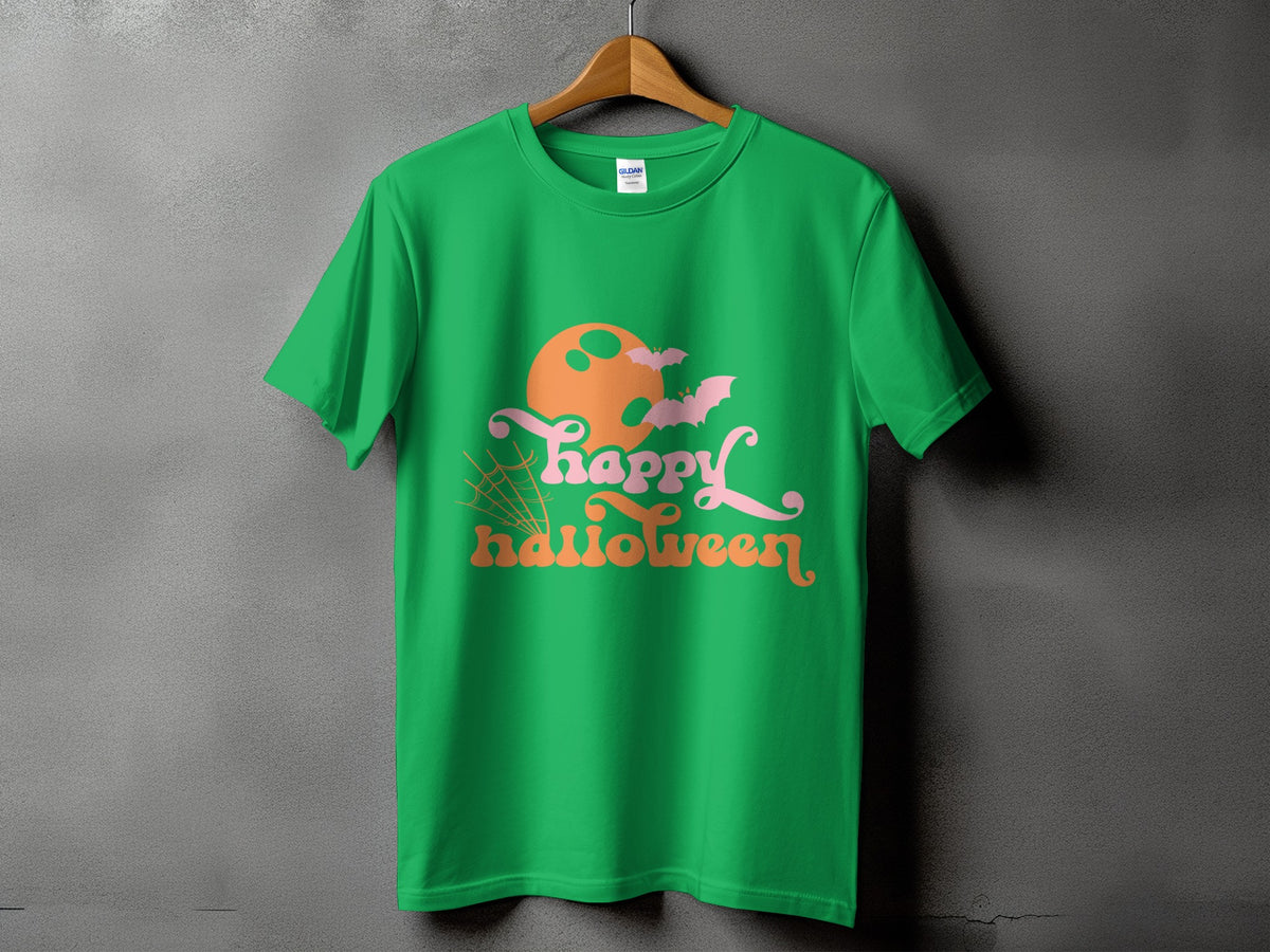 Green t-shirt with "Happy Halloween" text, moon, bats, and spiderweb graphic.