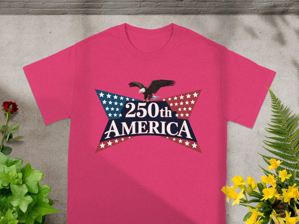 Pink t-shirt with "250th AMERICA" text and patriotic stars graphic.