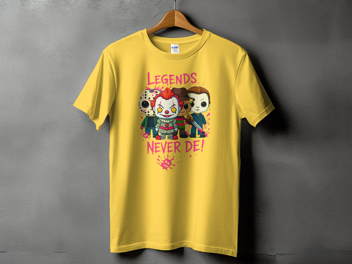 Yellow t-shirt with "LEGENDS NEVER DIE!" text and cartoon horror villains.