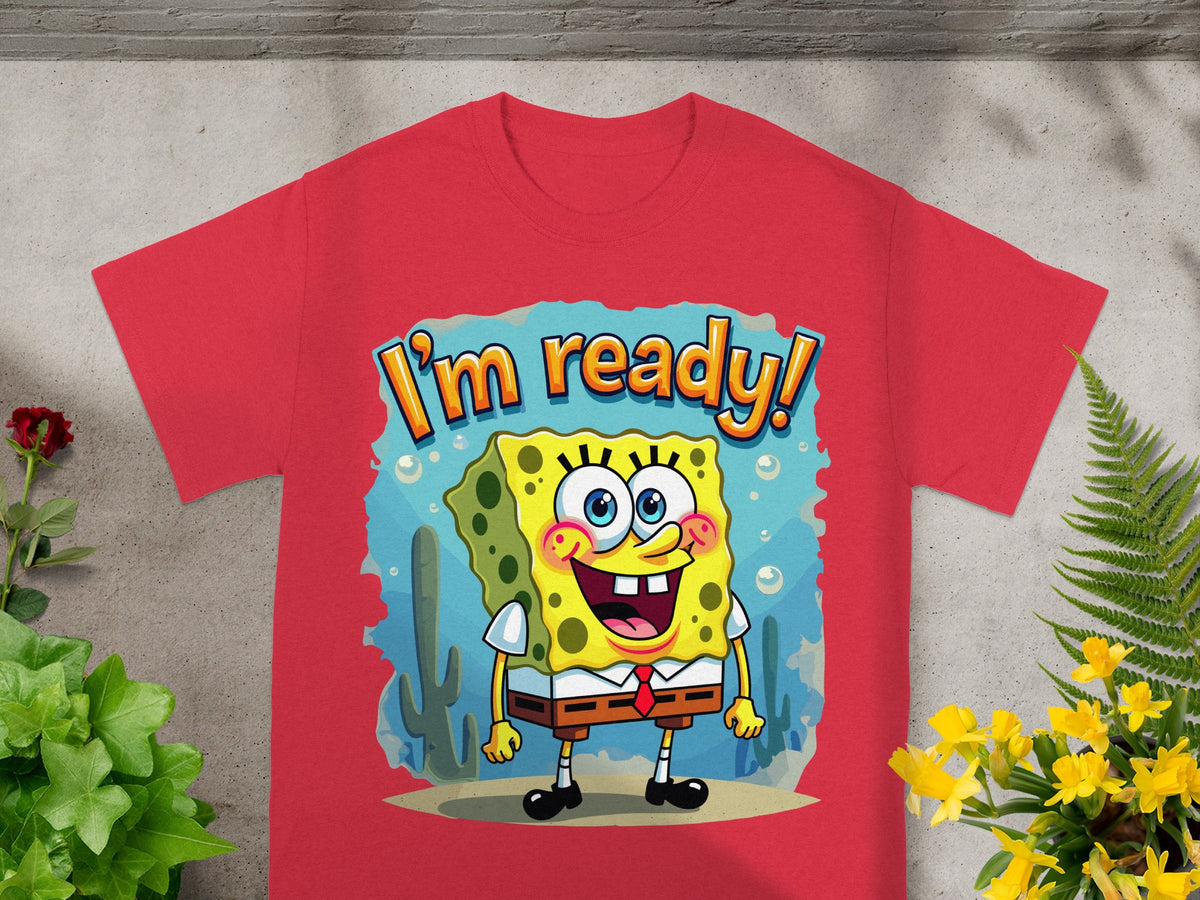 Red t-shirt with Spongebob Squarepants character and text "I'm ready!"