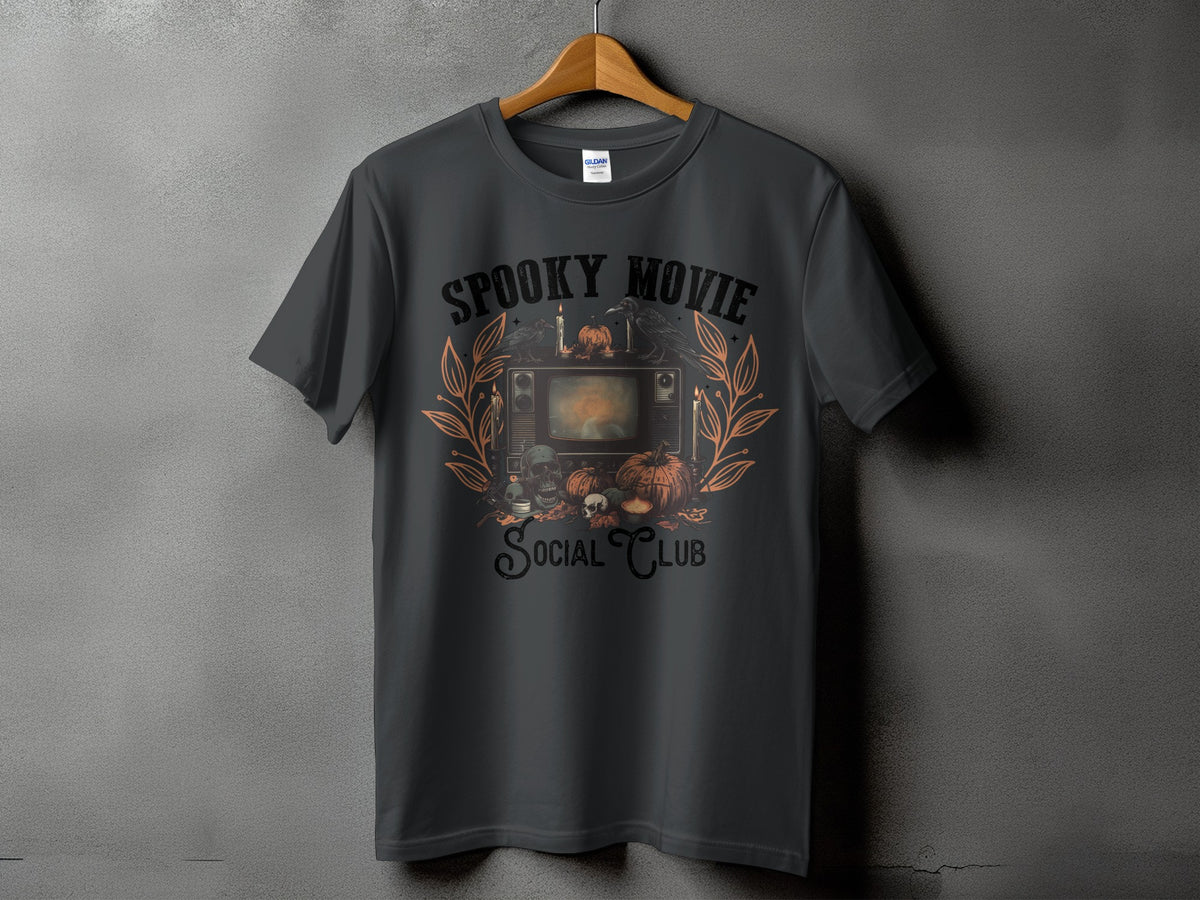 Dark grey t-shirt with "Spooky Movie Social Club" and Halloween graphics.