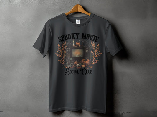 Dark grey t-shirt with "Spooky Movie Social Club" and Halloween graphics.