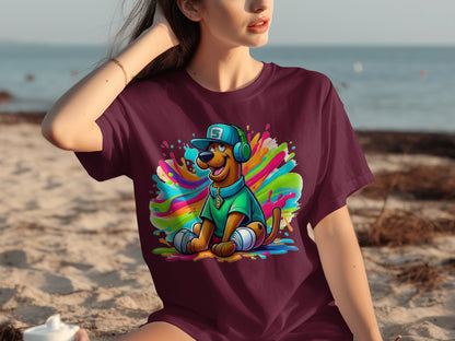Colorful Cartoon Dog Wearing Headphones T-shirt