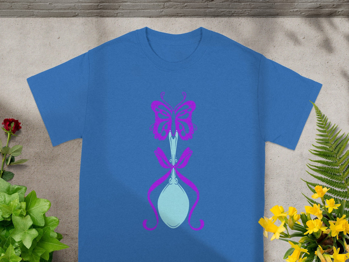 Vibrant Blue Shirt with Butterfly and Hourglass Design