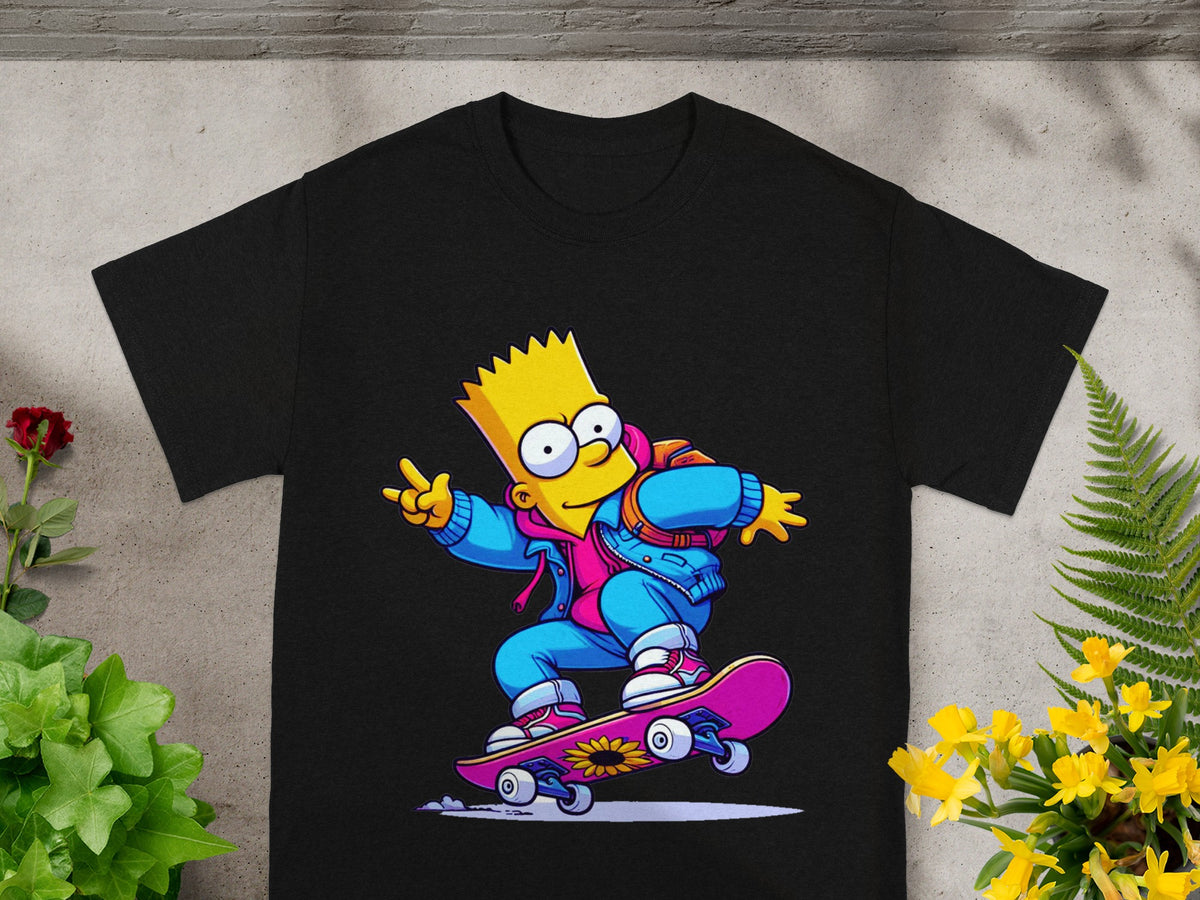 Bart Simpson wearing a blue jacket and pink shorts riding a skateboard.
