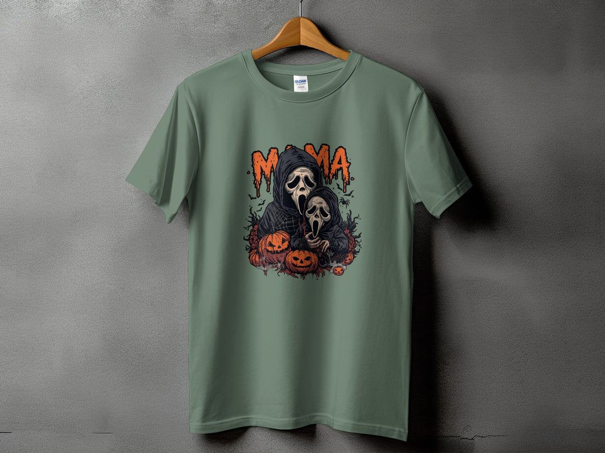 Green t-shirt with "Mama" text and Ghostface-inspired figures with pumpkins.