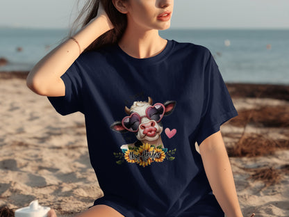Cute Cow With Heart Sunglasses T-Shirt for Beach Days