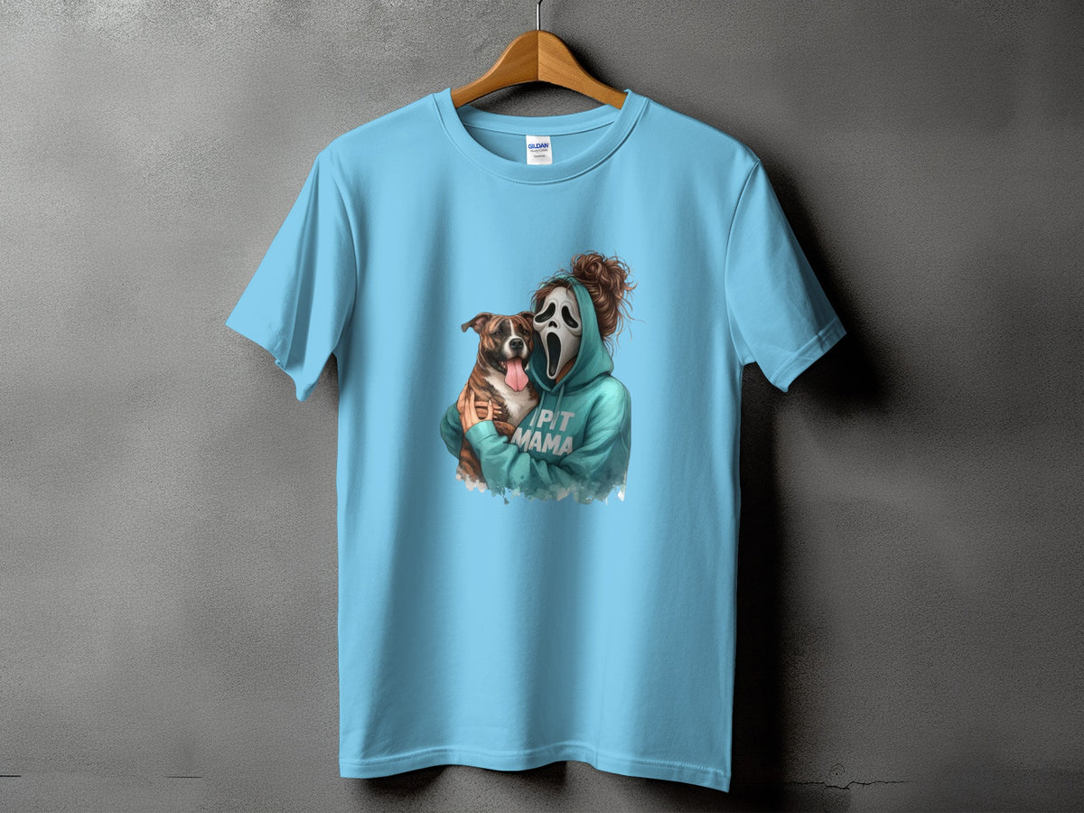 Light blue t-shirt with a ghost face mask and dog graphic, reads "Pit Mama".