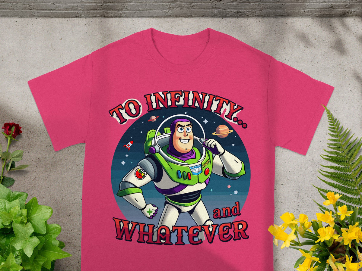 Buzz Lightyear and planets on a pink t-shirt with text "To Infinity... and Whatever".