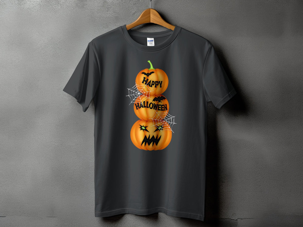 Dark gray t-shirt with stacked jack-o'-lanterns and "Happy Halloween" text.