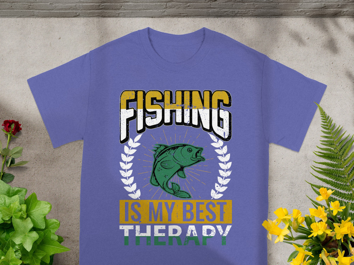 Purple t-shirt with "FISHING IS MY BEST THERAPY" text and a fish graphic.