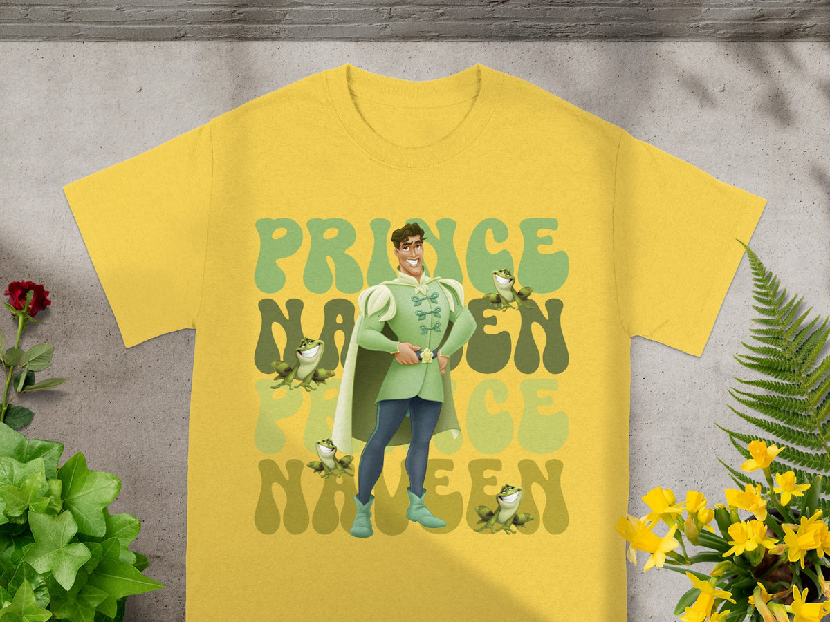 Yellow t-shirt with Prince charming and frogs graphic design.