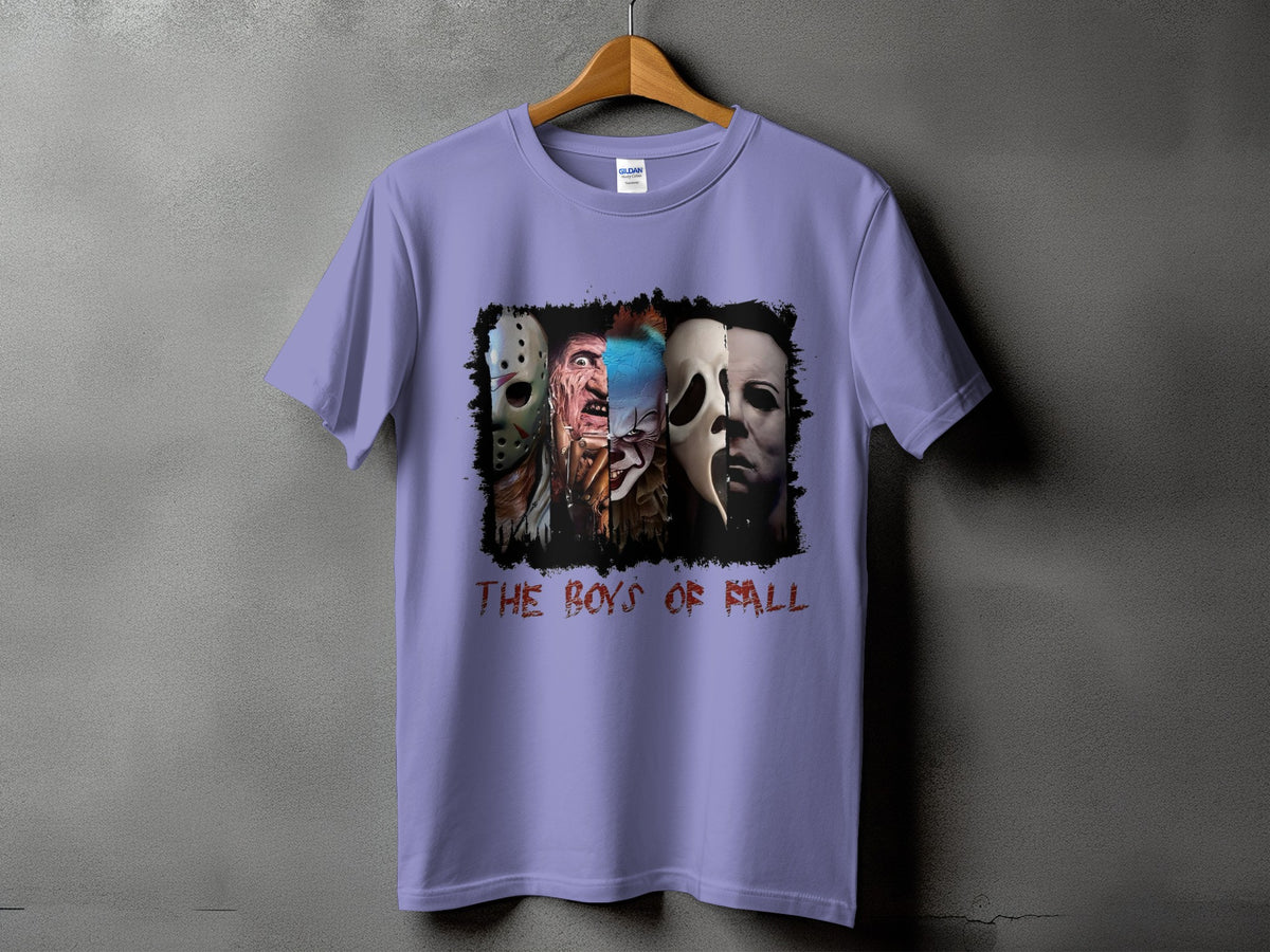Purple t-shirt with horror characters and text "The Boys of Fall".