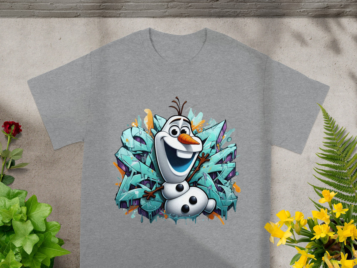 Olaf the snowman in a colorful graffiti art style on a gray t-shirt.