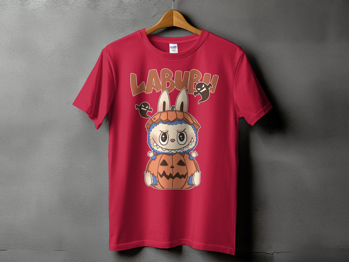 Red t-shirt with cartoon character sitting in a pumpkin and "LABURR!" text.