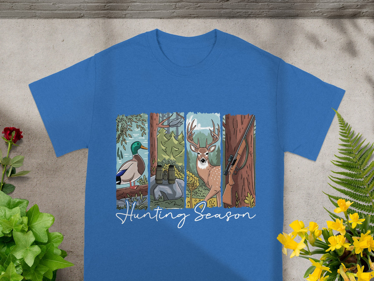 Blue t-shirt with four panels showing duck, binoculars, deer, and rifle; "Hunting Season" text.
