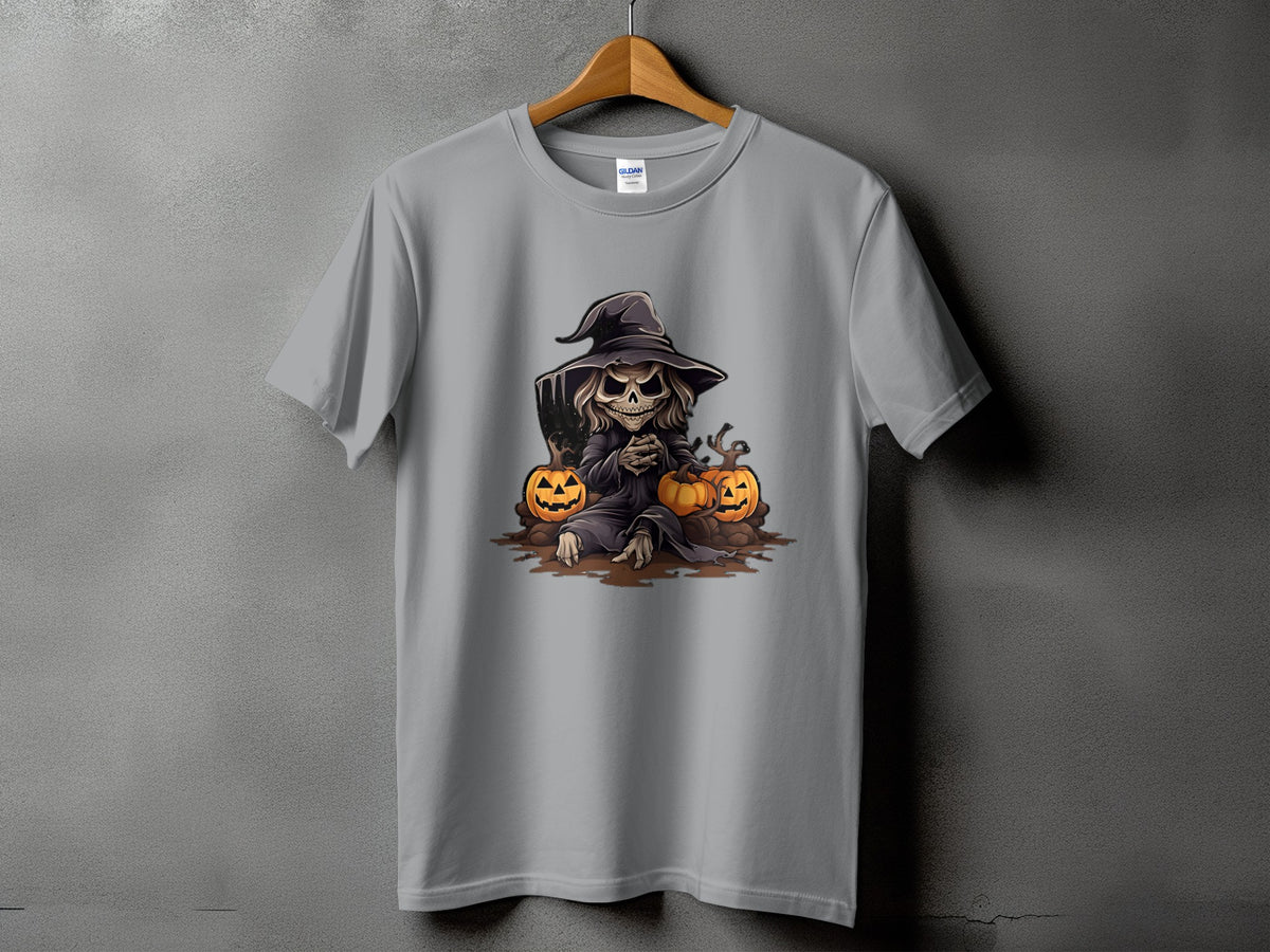 T-shirt with Halloween graphic of a skeleton in a witch hat and pumpkins.