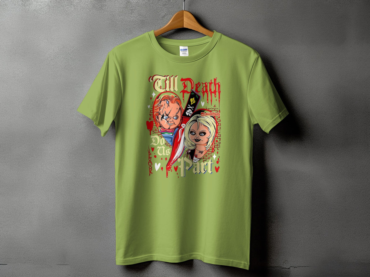 Chucky and Tiffany dolls on t-shirt with text "Till Death Do Us Part".