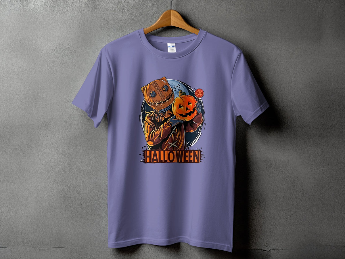 Purple t-shirt with jack-o'-lantern character and "HALLOWEEN" text.