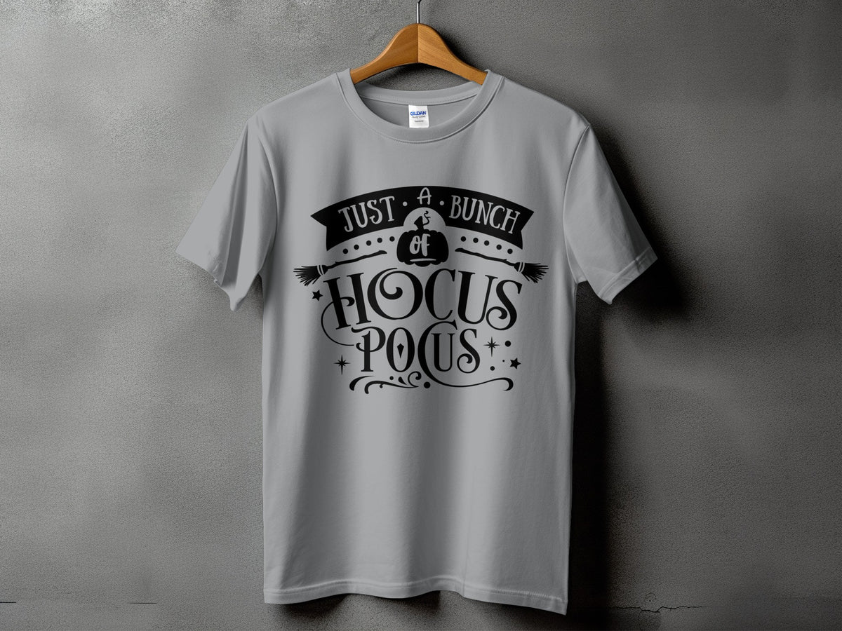 Grey t-shirt with "Just a bunch of Hocus Pocus" Halloween graphic.