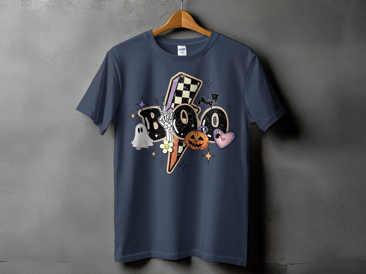 Dark blue t-shirt with "BOO" and Halloween graphics including ghost, pumpkin, and bat.