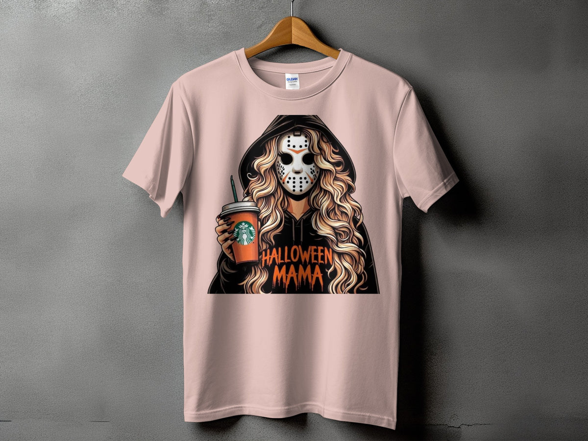 T-shirt graphic of woman in hockey mask holding Starbucks cup, "Halloween Mama".