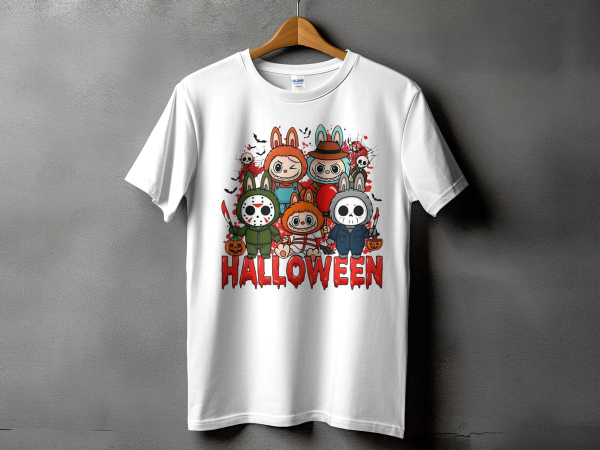 White t-shirt with cartoon Halloween characters and "HALLOWEEN" text.