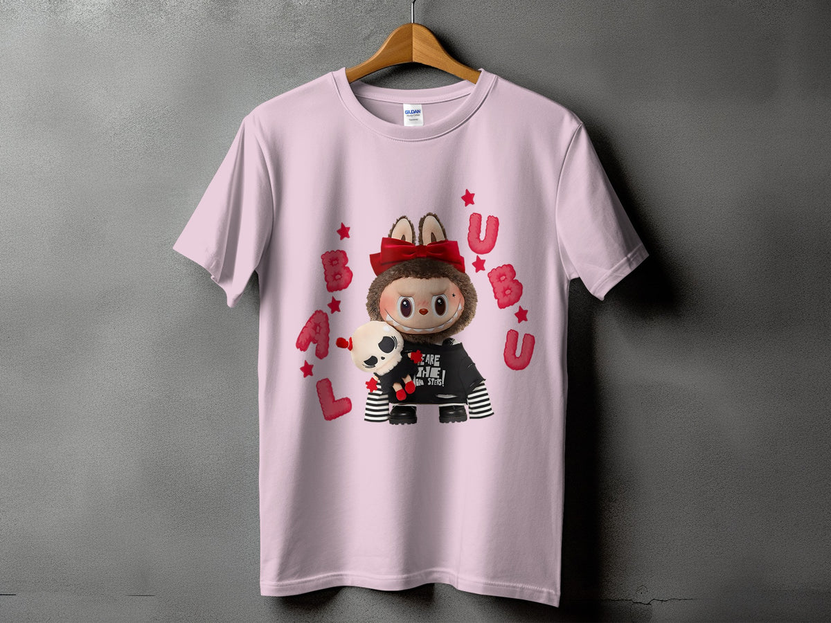 Pink t-shirt with cartoon character holding a skull, surrounded by red letters and stars.