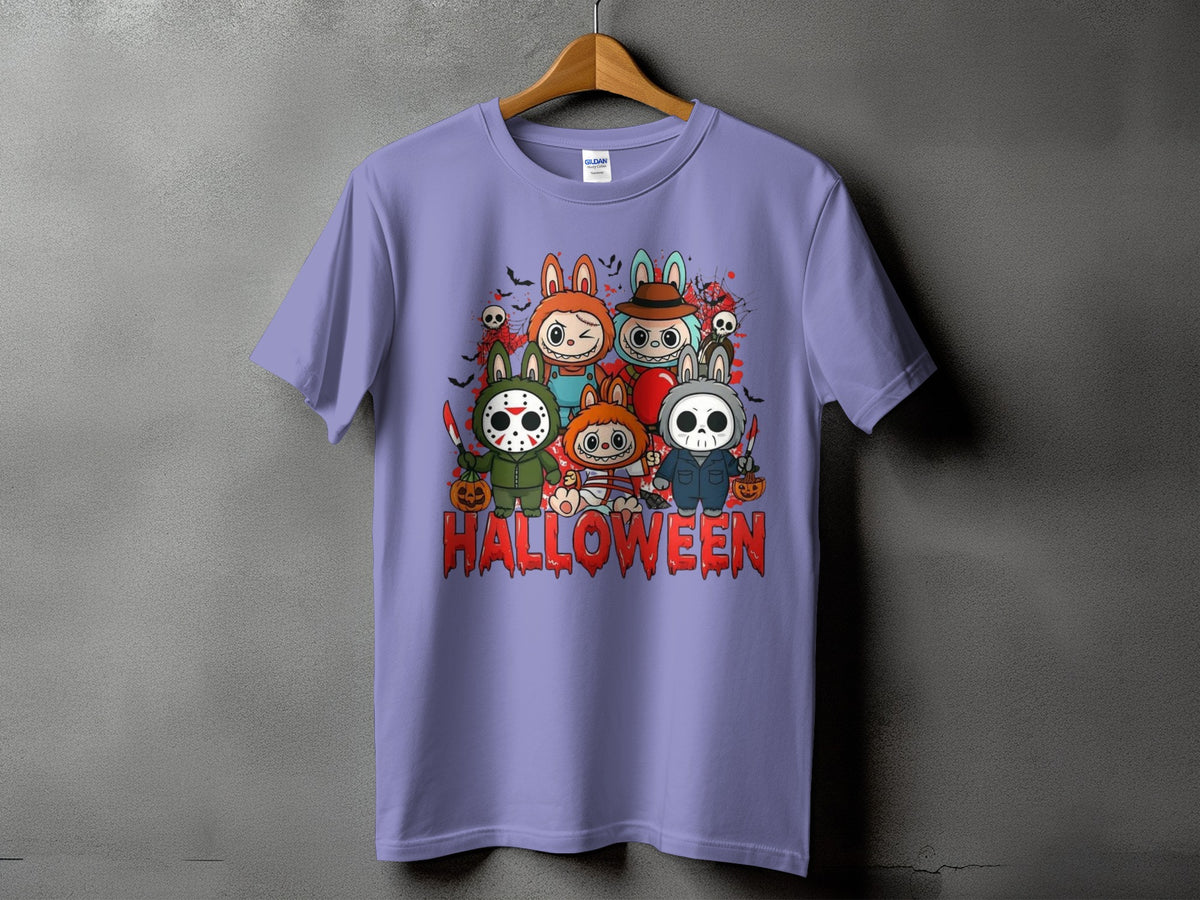 Chibi Halloween characters in costumes with text.