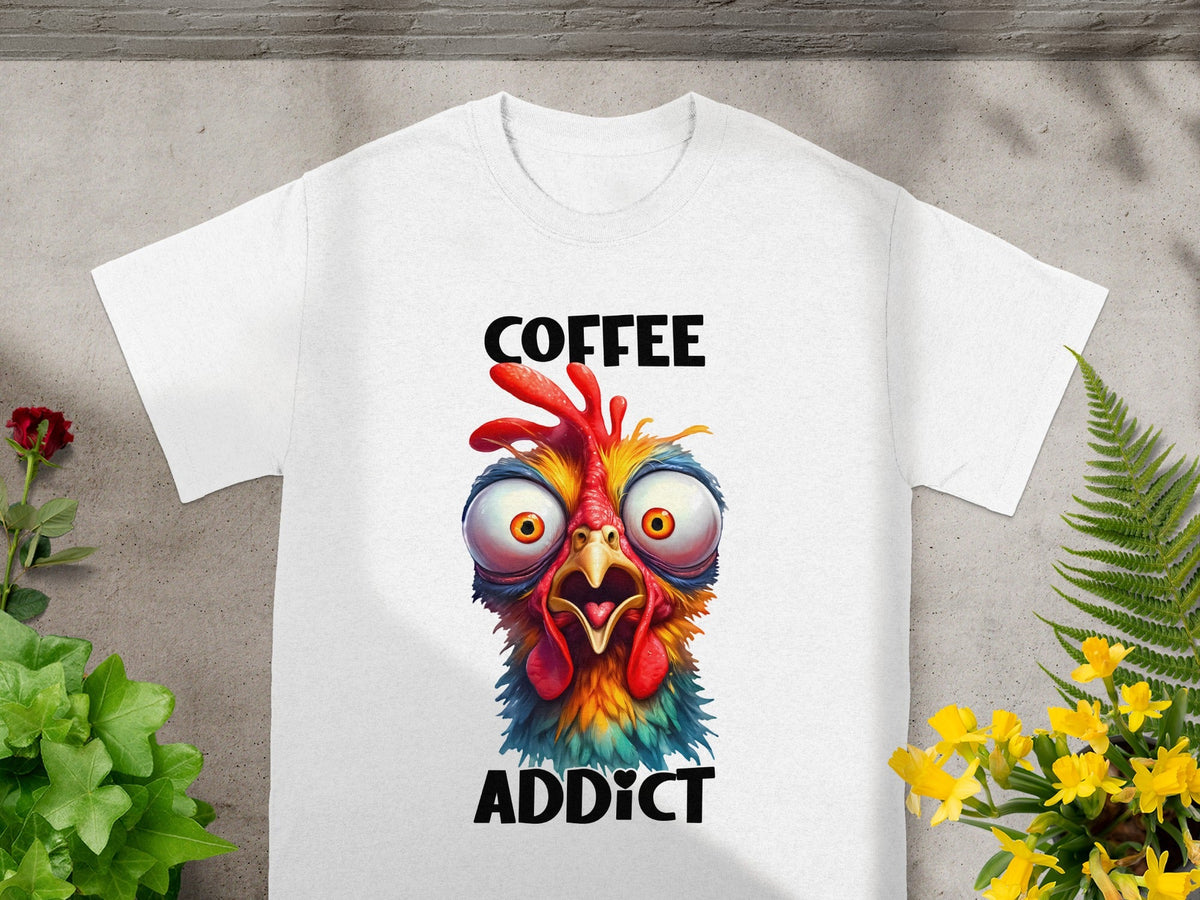 Funny Colorful Rooster Coffee Addict T-Shirt Product