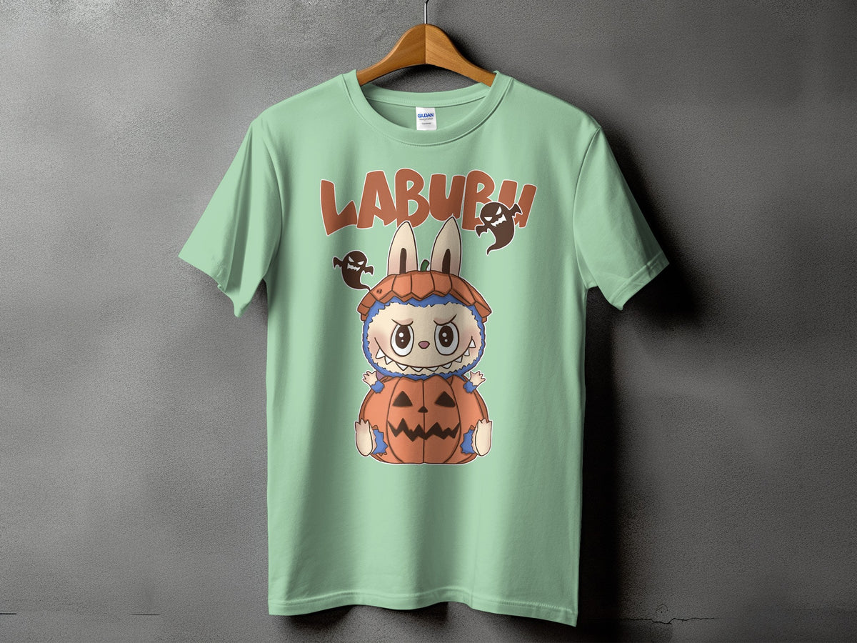 Light green t-shirt with "LABURH" text and cartoon monster in pumpkin costume.