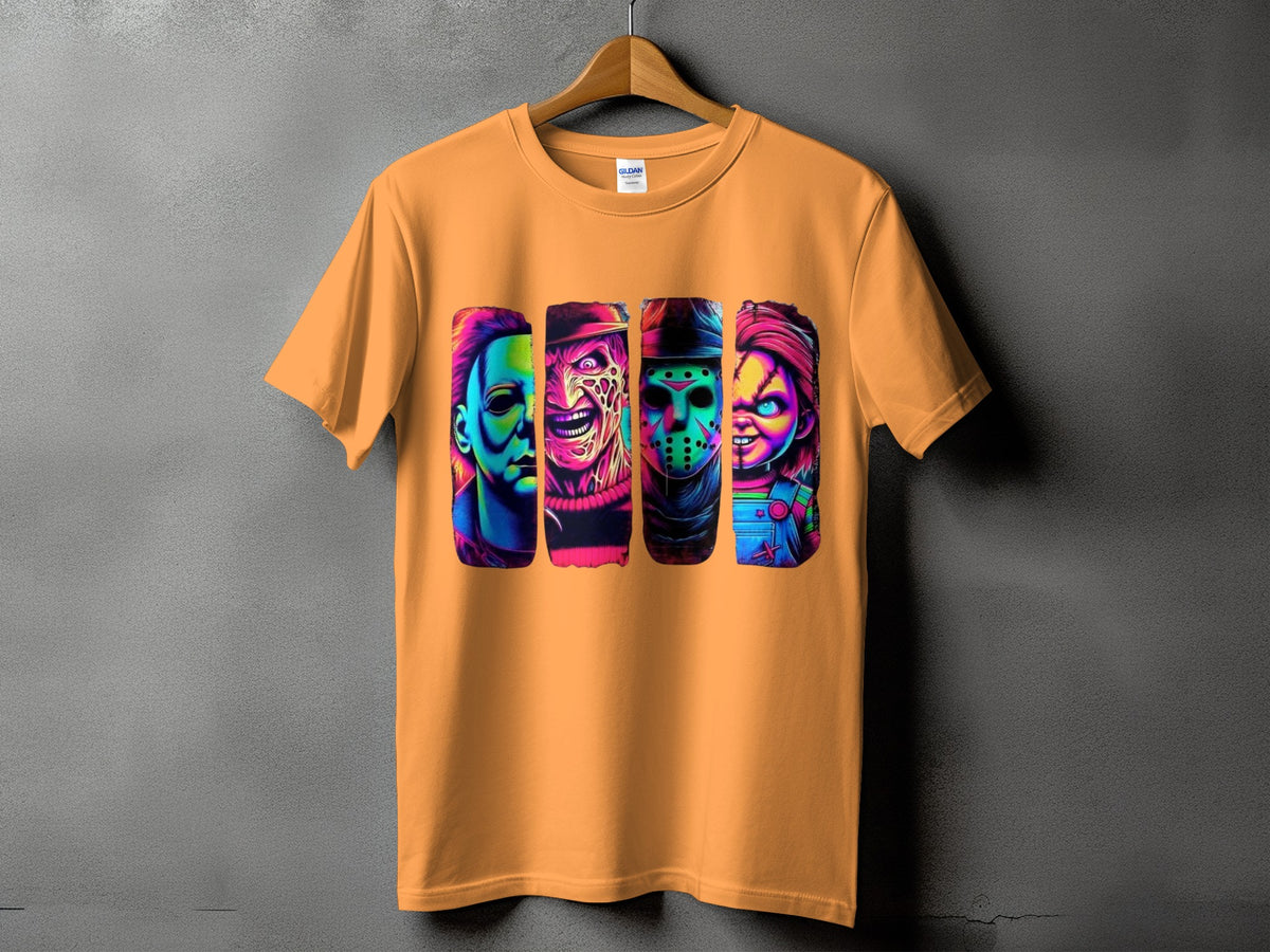 Orange t-shirt with colorful horror character portraits printed on the front.