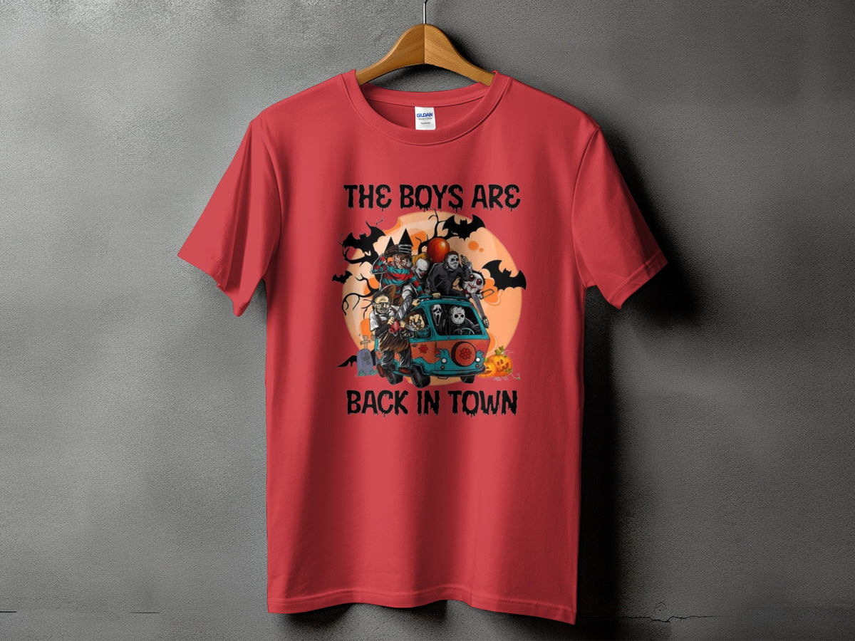 Red t-shirt with horror characters in a van and text "The Boys Are Back In Town".