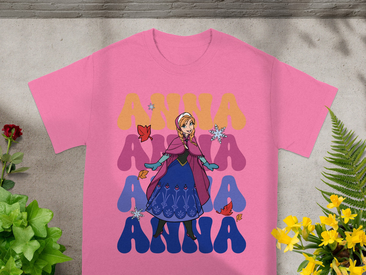 Pink t-shirt with Anna from Frozen, "Anna" text.
