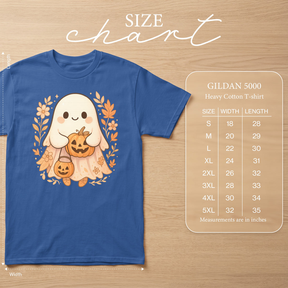 Blue Gildan 5000 t-shirt with cute ghost holding pumpkins and size chart.