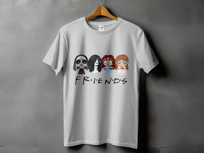 White t-shirt with horror characters and the word FRIENDS.
