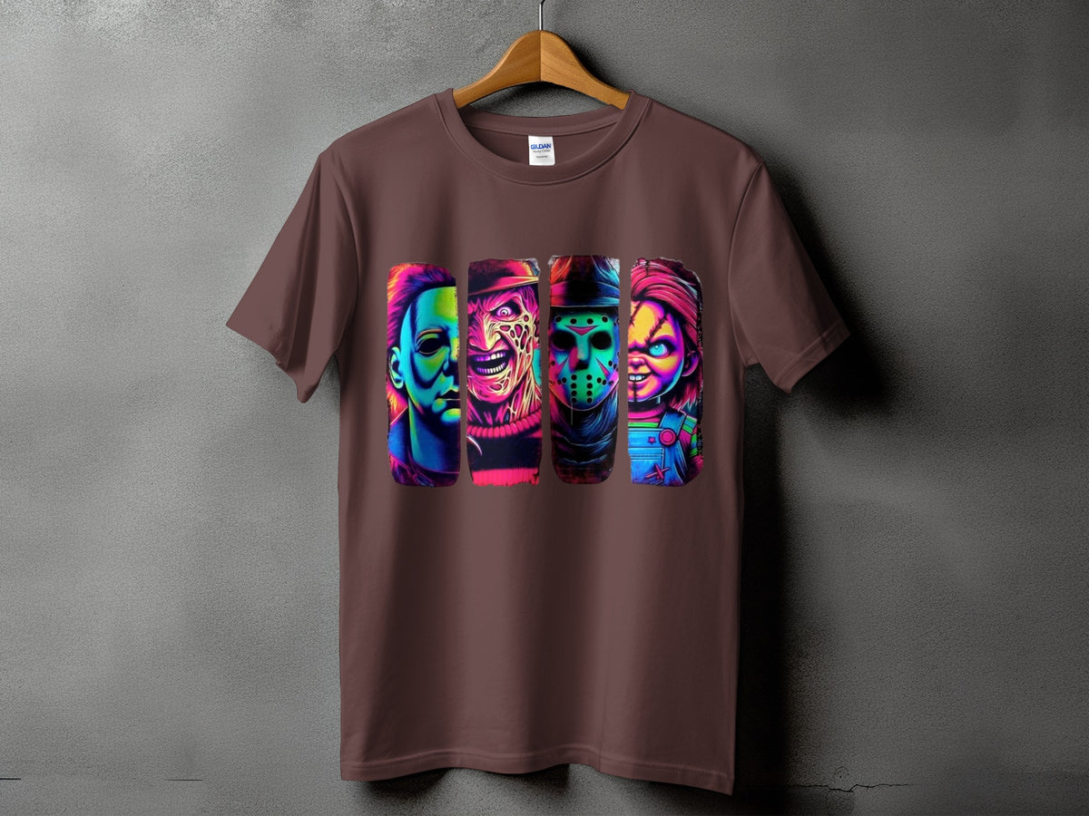 Brown t-shirt featuring four horror movie villains in vibrant neon colors.