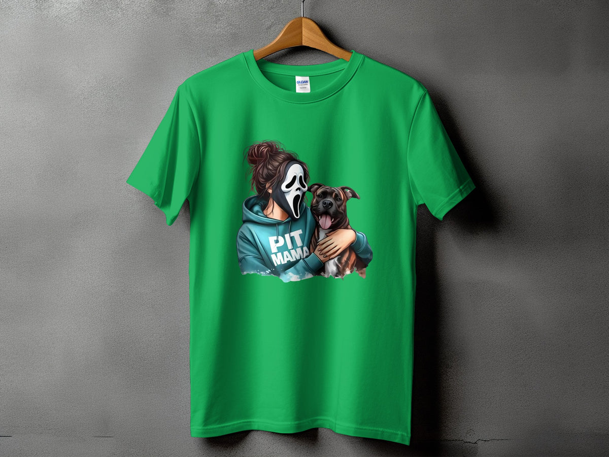 Green t-shirt with graphic of woman in scream mask holding pit bull, text PIT MAMA.
