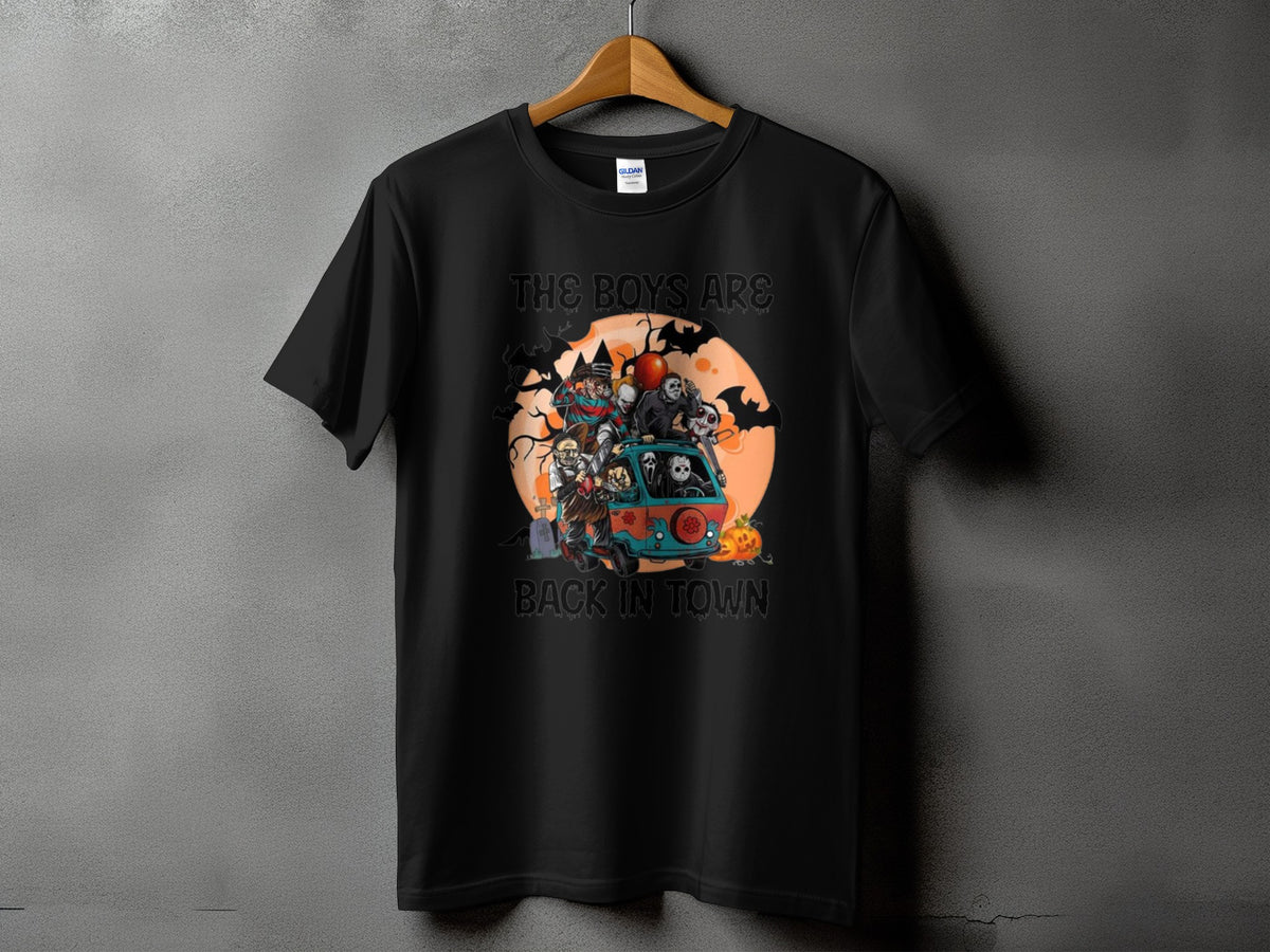 Black t-shirt with horror characters in a van and text "The Boys Are Back In Town".
