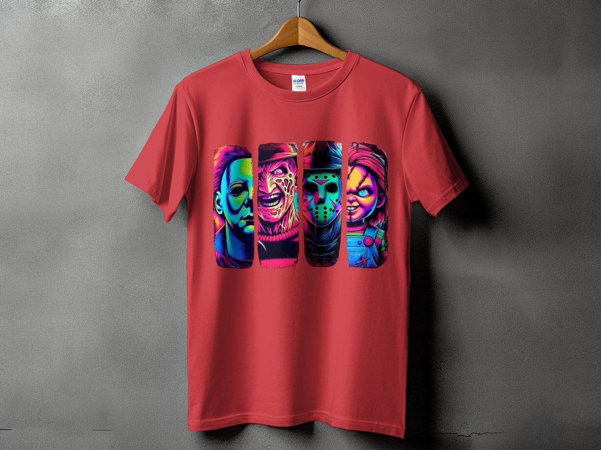 Red t-shirt with colorful horror character portraits including Michael Myers, Freddy Krueger, Jason Voorhees, and Chucky.