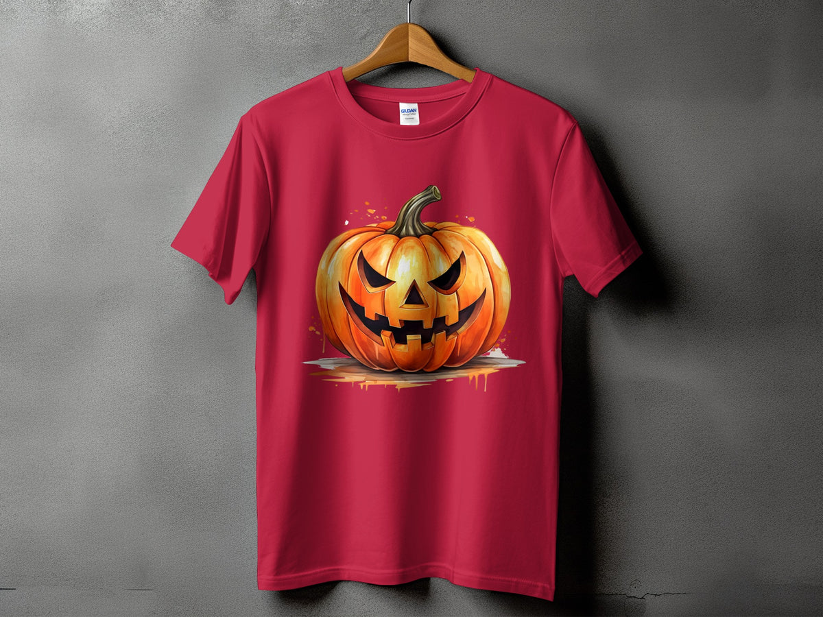 Crimson t-shirt featuring a graphic of an orange Halloween jack-o'-lantern with a distressed look.