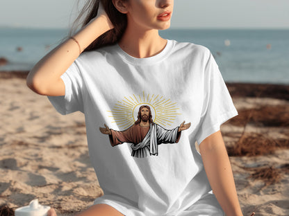 Radiant Jesus Embrace Design on Beach Wear Shirt