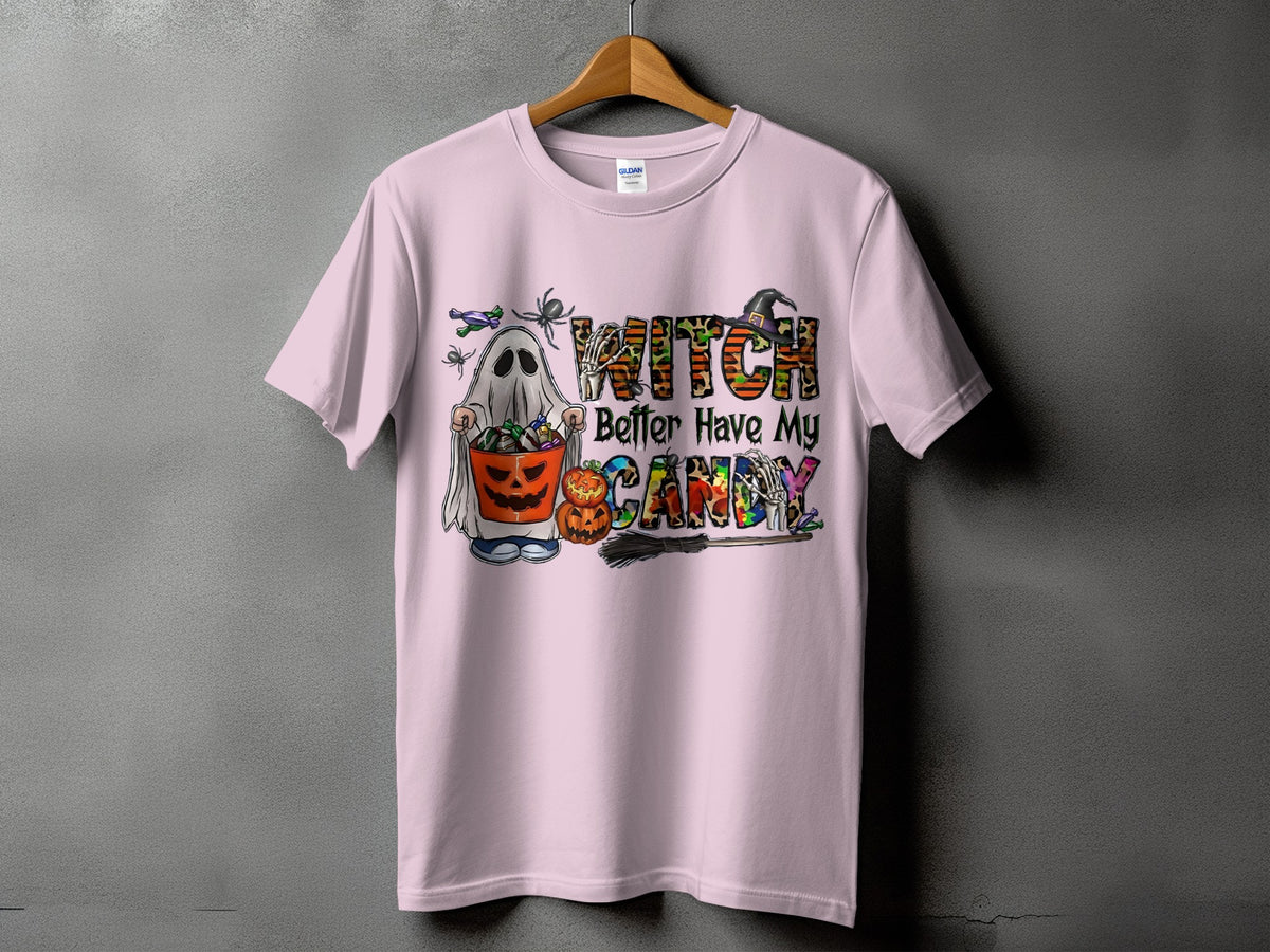 Pink t-shirt with Halloween graphic: "Witch Better Have My Candy"