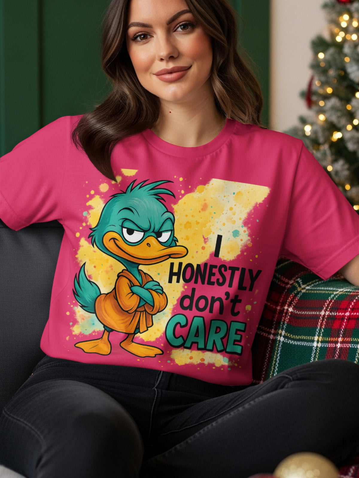T-shirt with cartoon duck wearing orange robe, text reads "I honestly don't care."