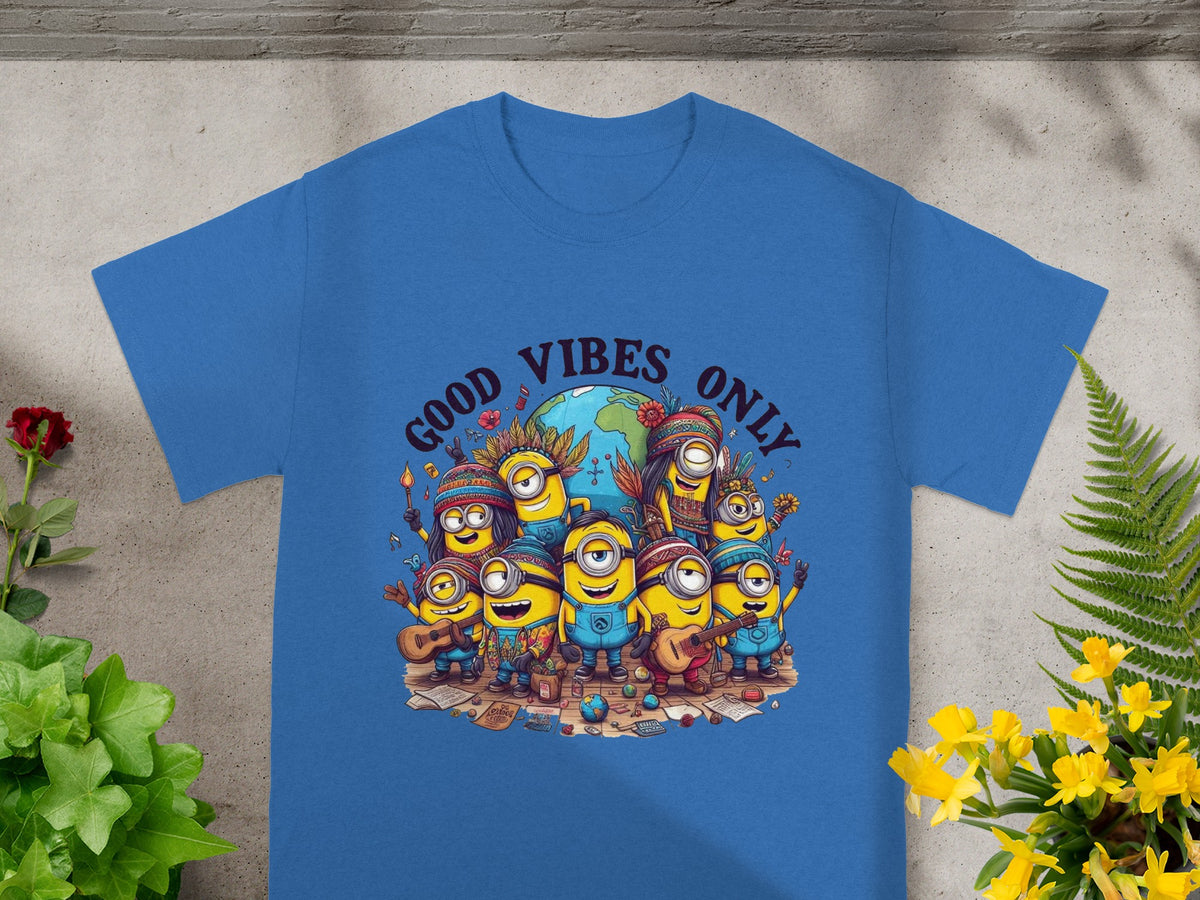 Minions wearing hippie attire around a globe with "GOOD VIBES ONLY" text.