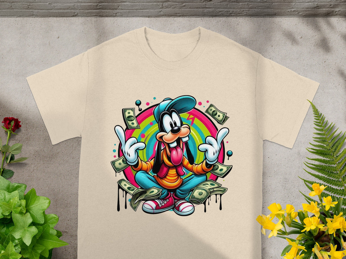 Goofy cartoon character in orange shirt, blue shorts, and green hat surrounded by falling dollar bills.