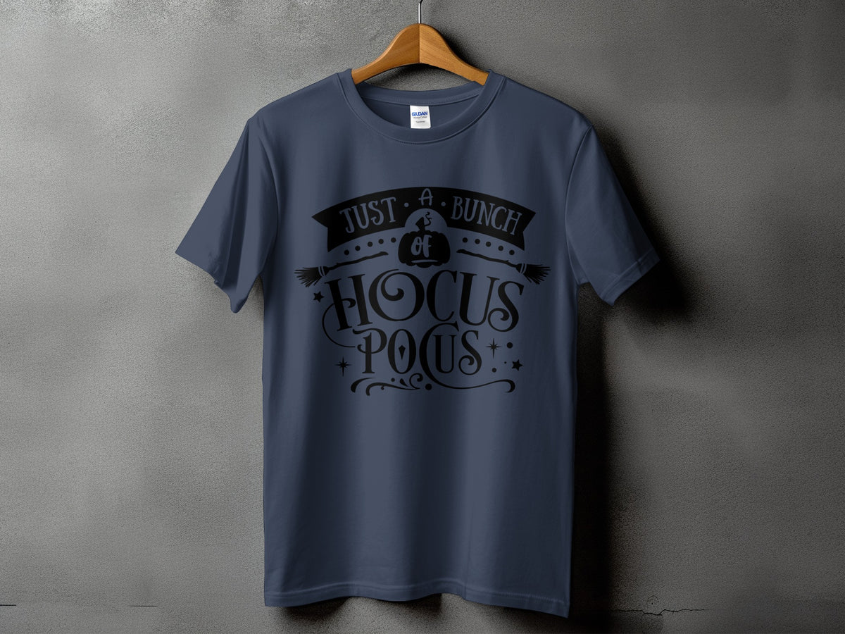Blue t-shirt with black text reading "Just a bunch of Hocus Pocus" and graphics.