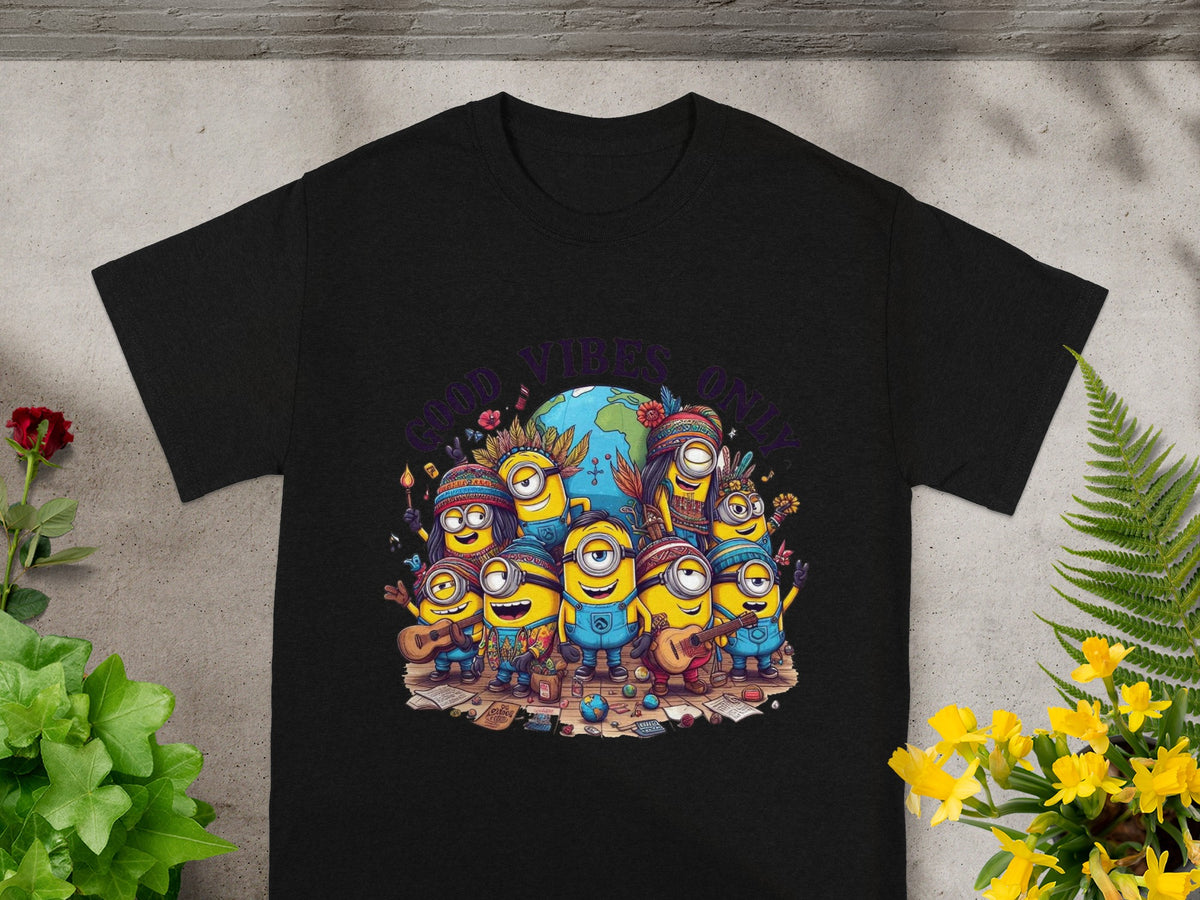 Black t-shirt with Minions wearing bohemian clothes with "GOOD VIBES ONLY" text.