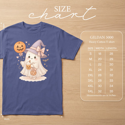Ghost in witch hat holding pumpkin balloon and drink, with Gildan 5000 heavy cotton t-shirt size chart.